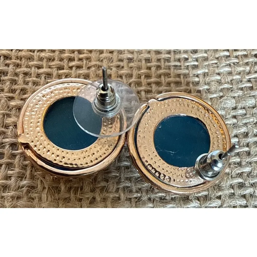 Tory Burch Miller Stud Earrings – Rose Gold & Blue Enamel Logo Corporate
